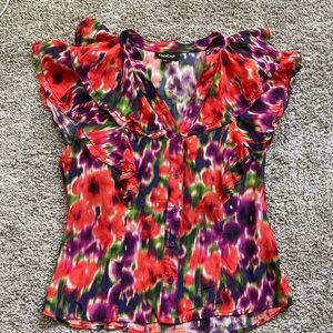 Vintage Y2k Bebe Ruffle Flutter Sleeveless Silk Abstract Floral Blouse Top sz S